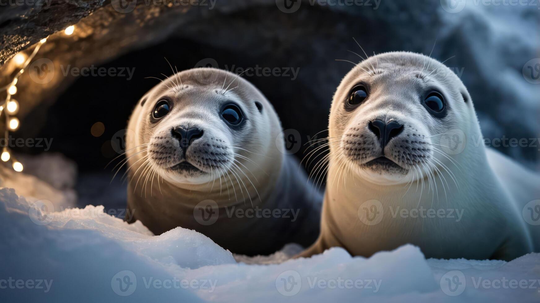 Two curious seals sit on snow, gazing at the viewer, with a cave in the background. photo
