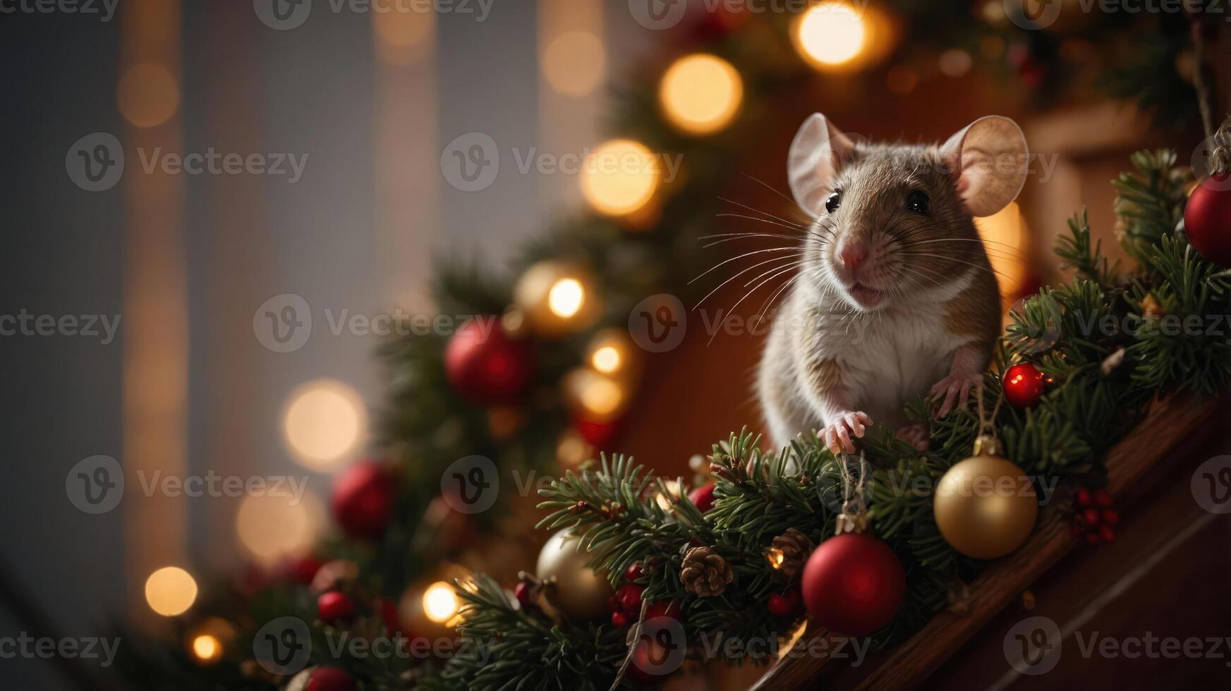 A cute mouse perched on festive greenery with Christmas decorations and warm lights. photo