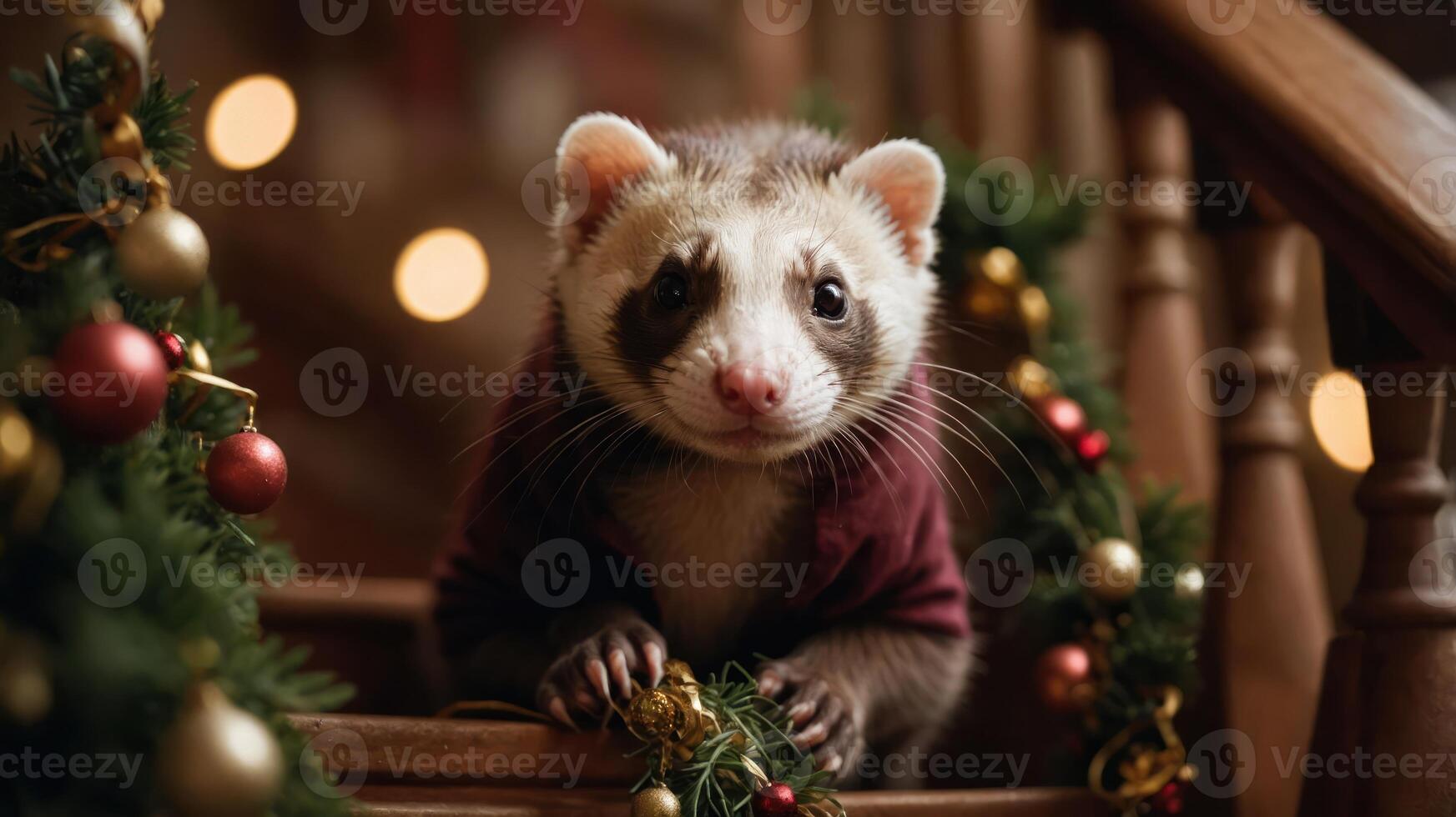 A charming ferret in a festive setting, adorned with decorations and a cozy outfit. photo