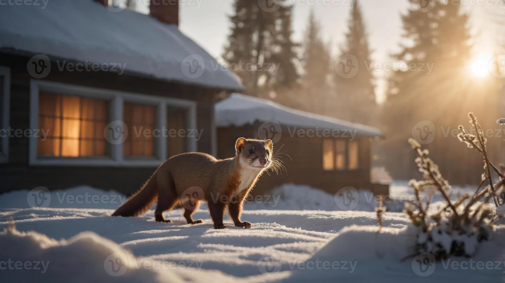 A weasel-like animal stands in the snow near cozy cabins at sunset. photo