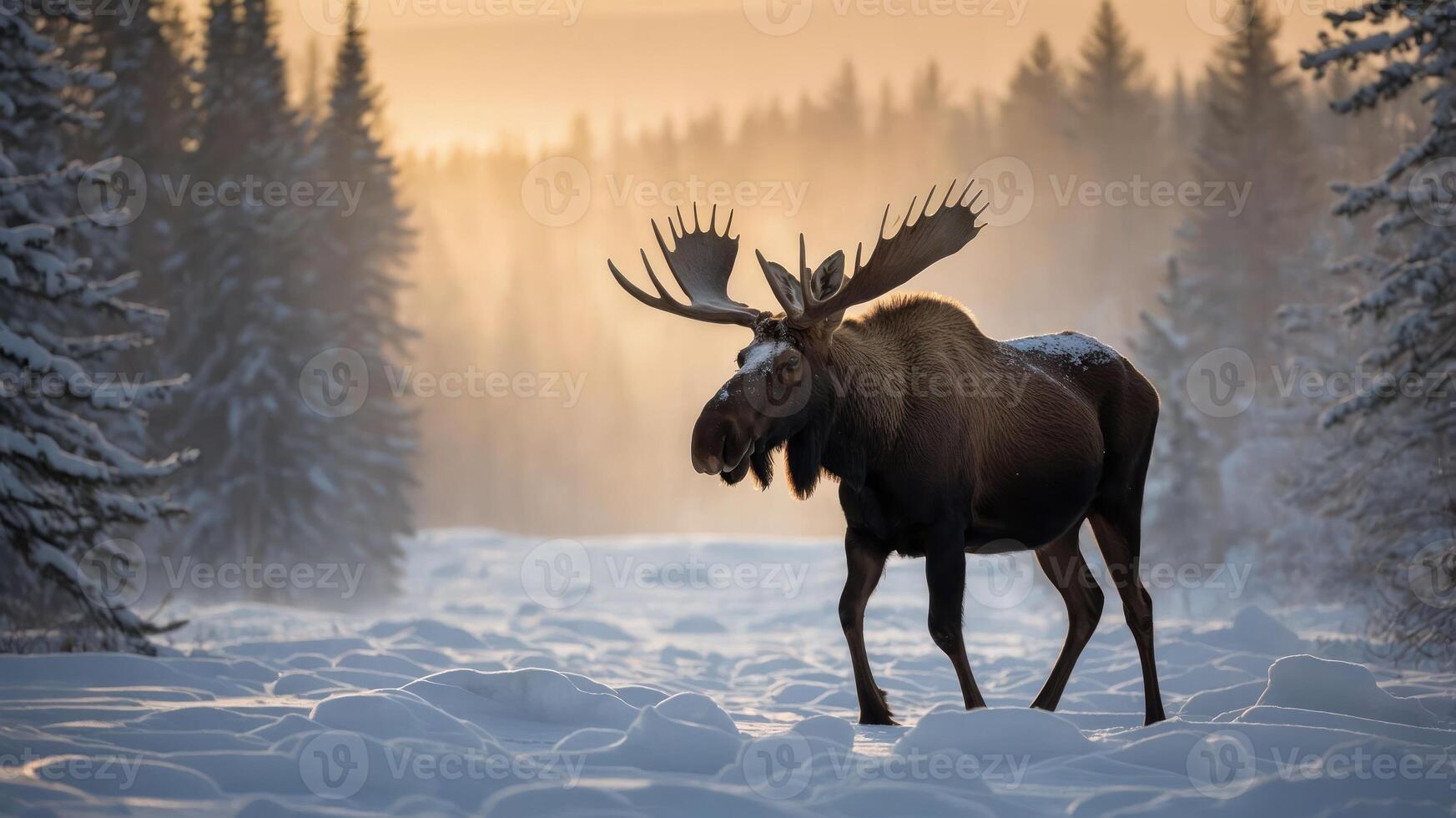 A majestic moose walks through a snowy forest at dawn, surrounded by mist and trees. photo