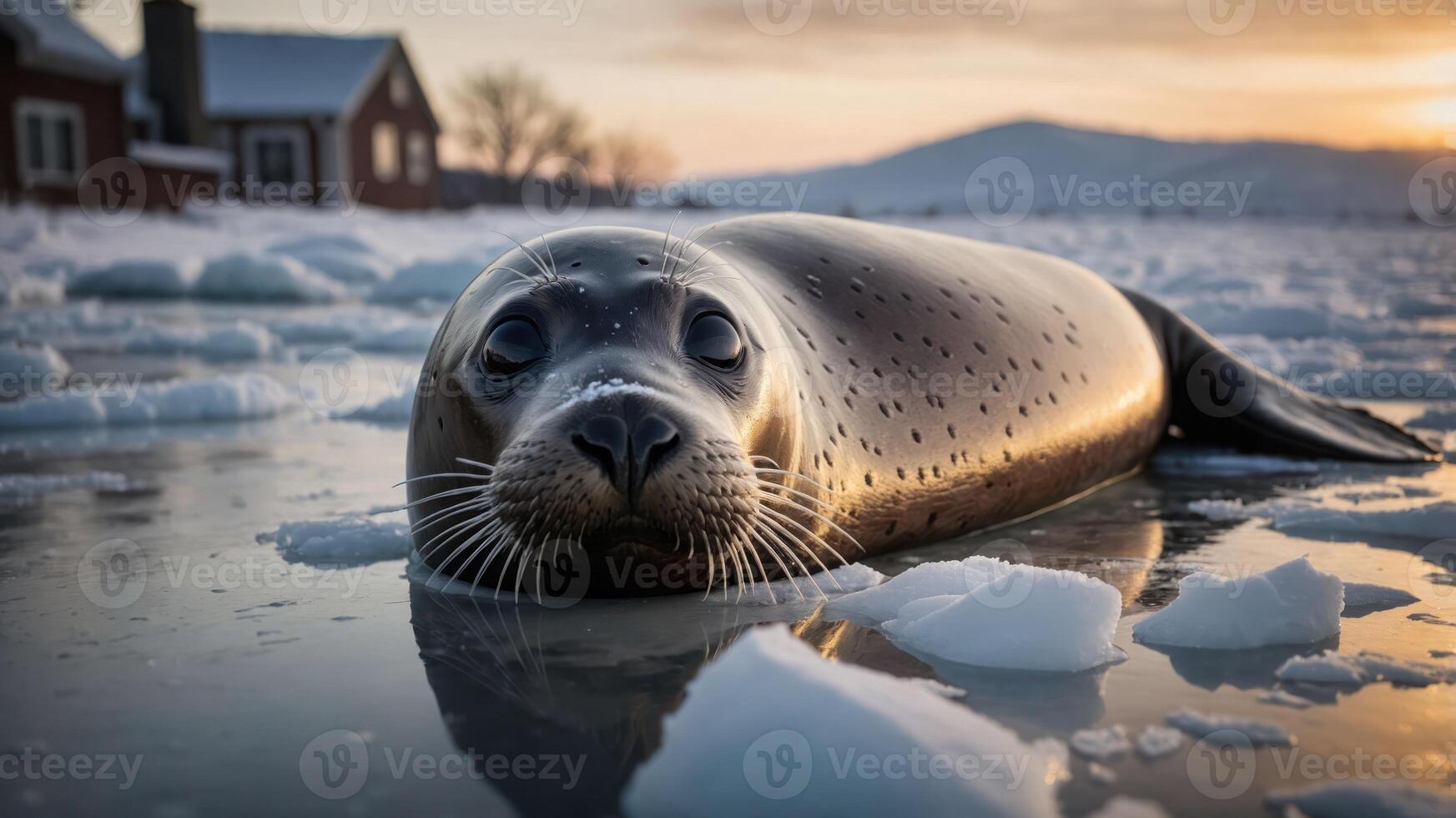 A seal resting on ice in a serene winter landscape at sunset. photo
