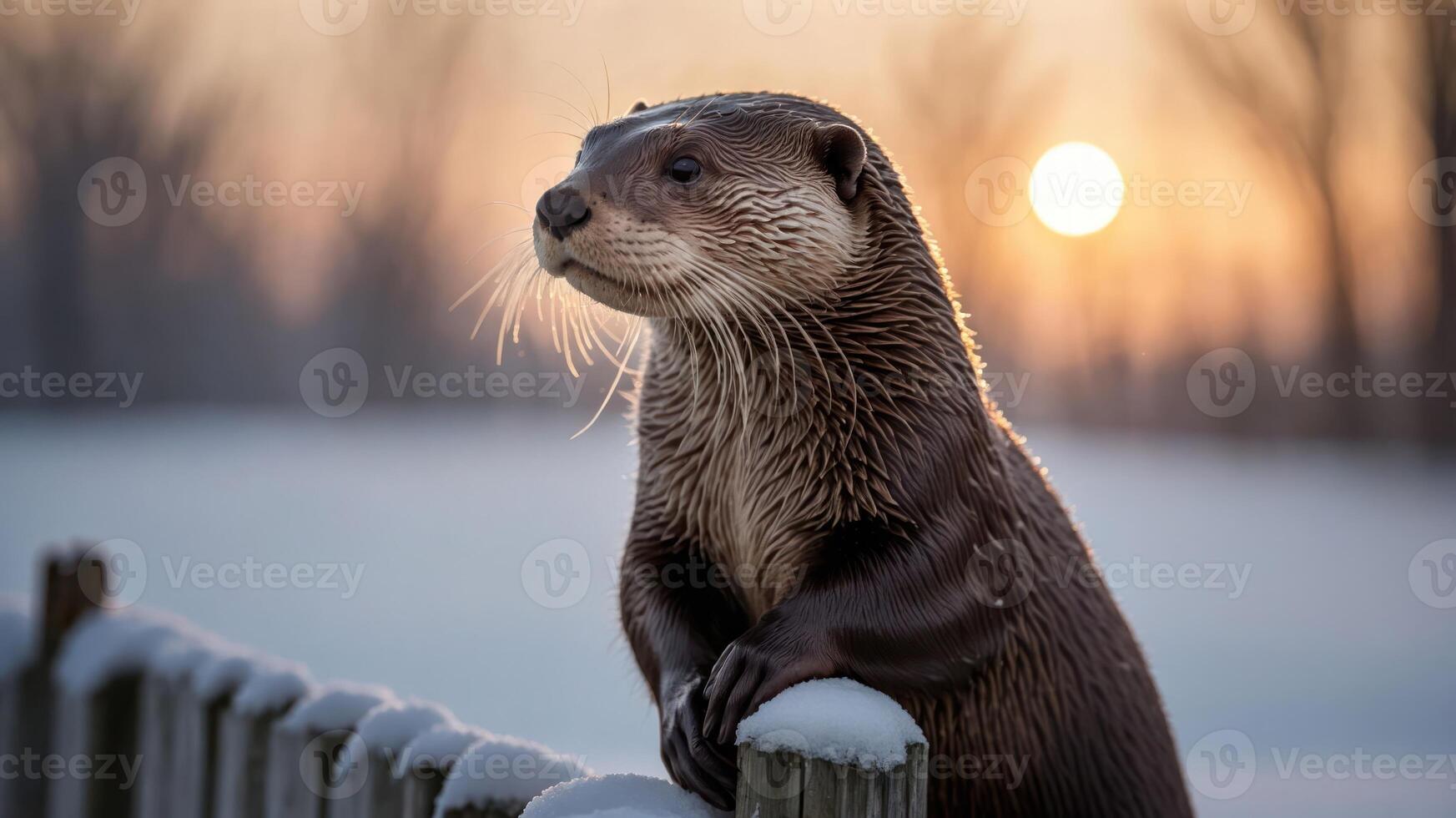 A serene otter gazes into the sunset, perched on a snowy fence. photo
