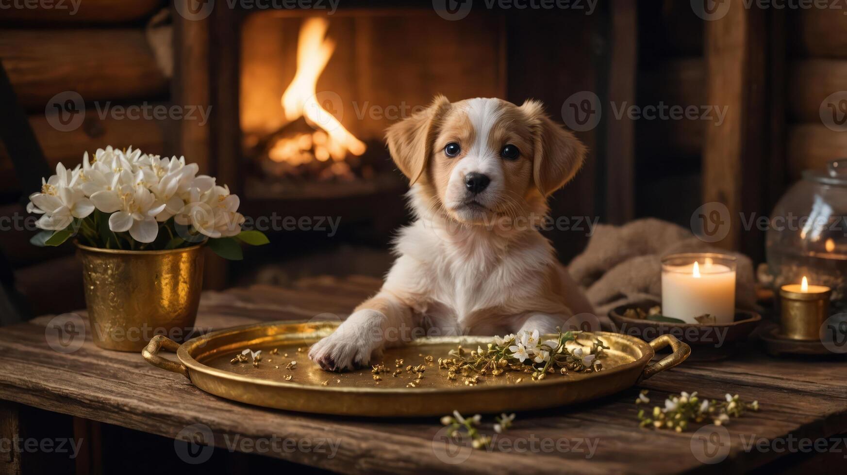 A cute puppy rests on a tray surrounded by flowers and candles in a cozy setting. photo