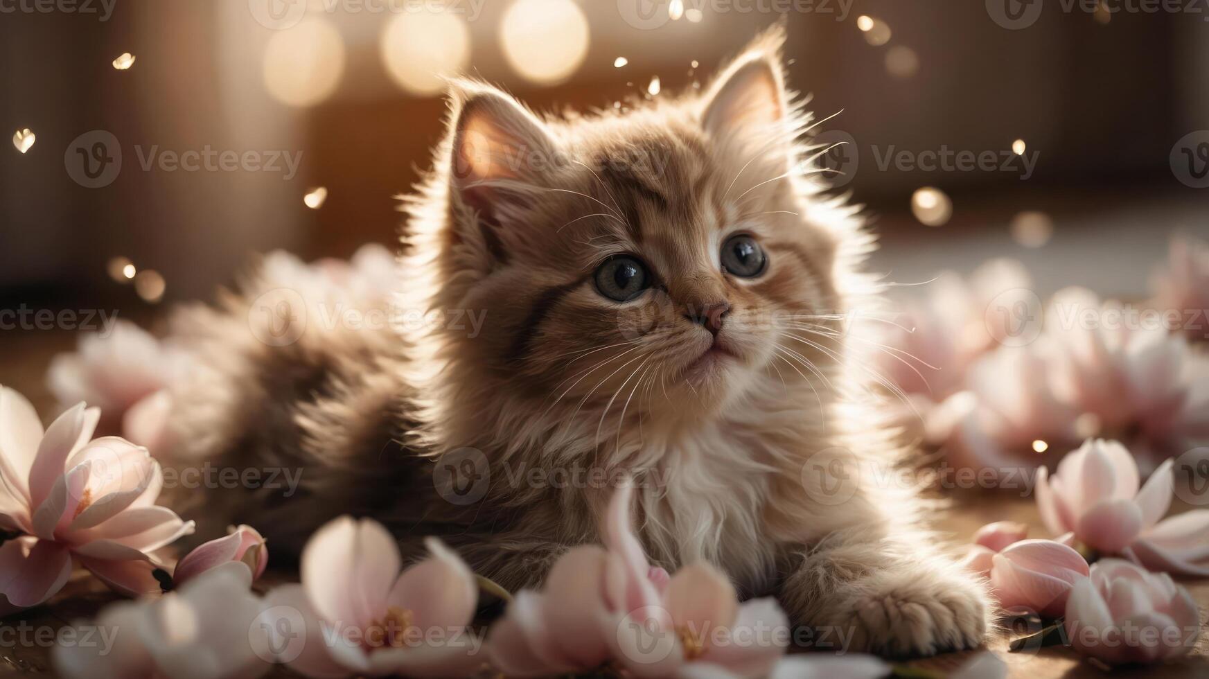 A fluffy kitten surrounded by pink flowers, capturing a serene and adorable moment. photo