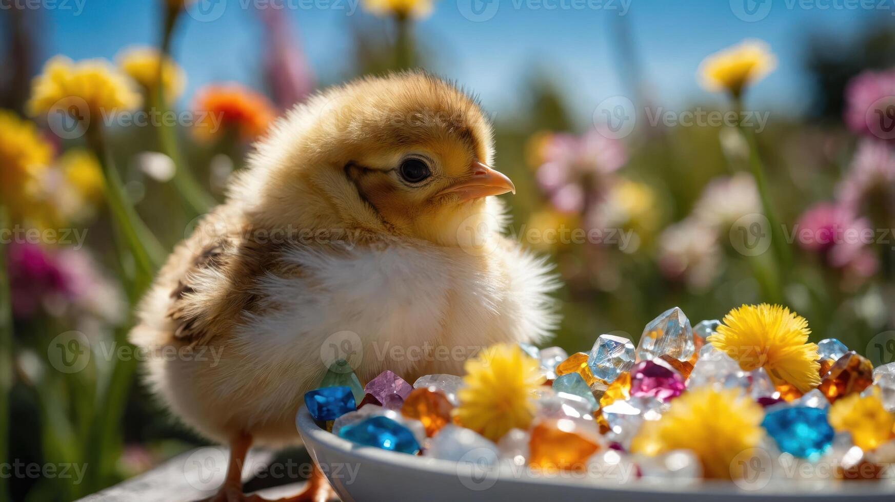 A fluffy chick surrounded by colorful gems and flowers in a vibrant outdoor setting. photo