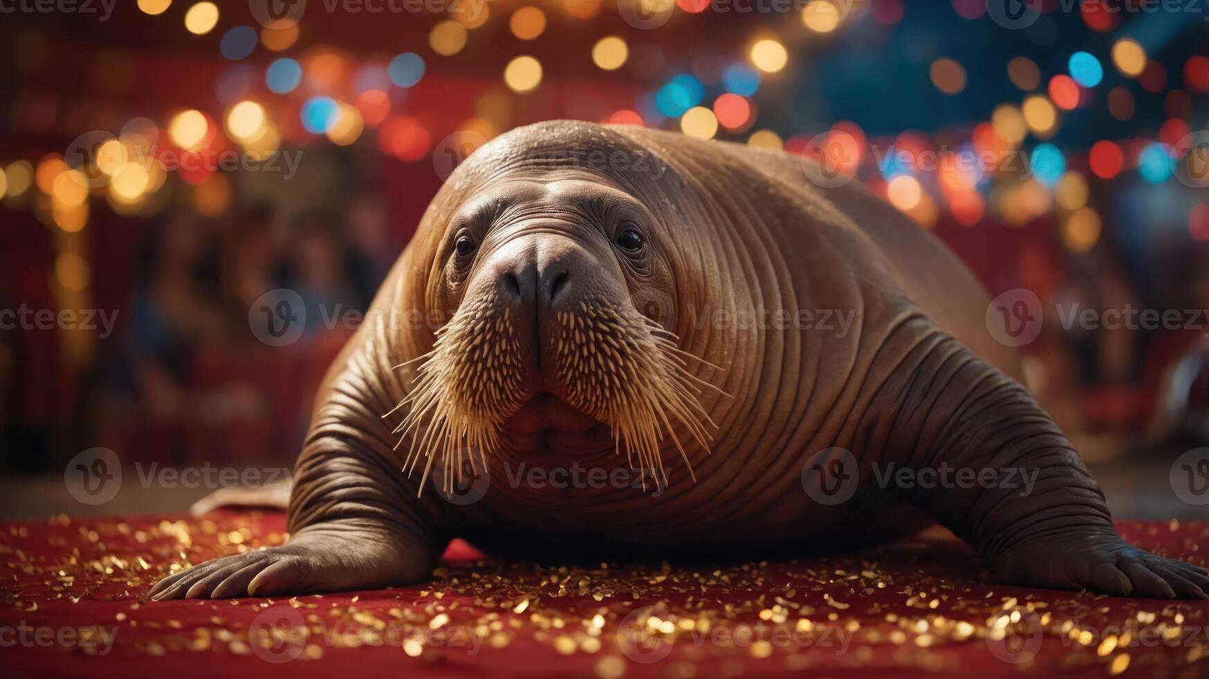 A walrus lounging on a colorful stage with festive lights in a circus-like setting. photo