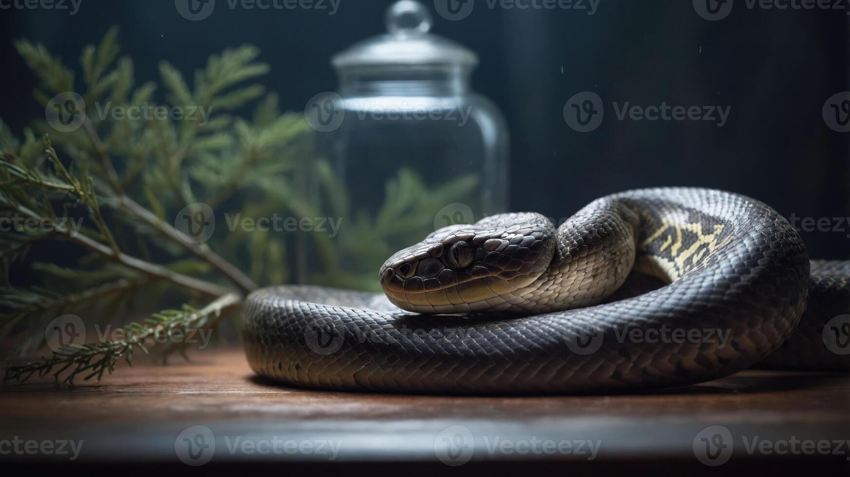 A coiled snake resting on a wooden surface with greenery and a glass jar in the background. photo