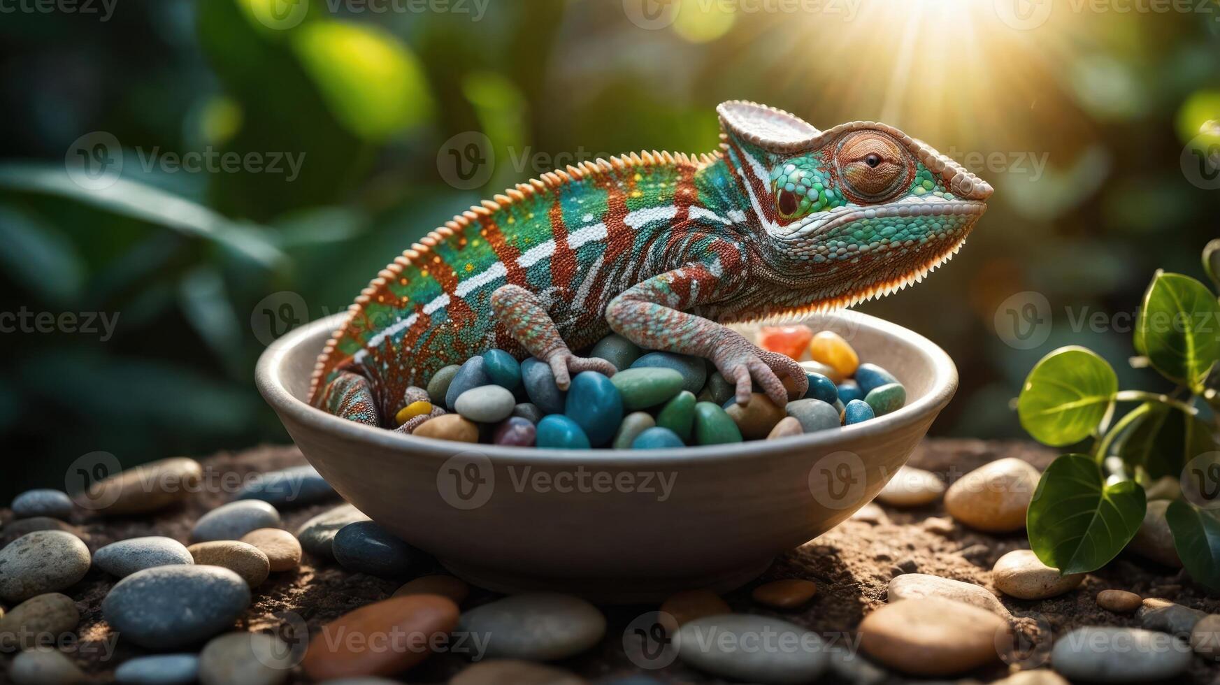 A colorful chameleon resting in a bowl of pebbles and gems, illuminated by sunlight. photo