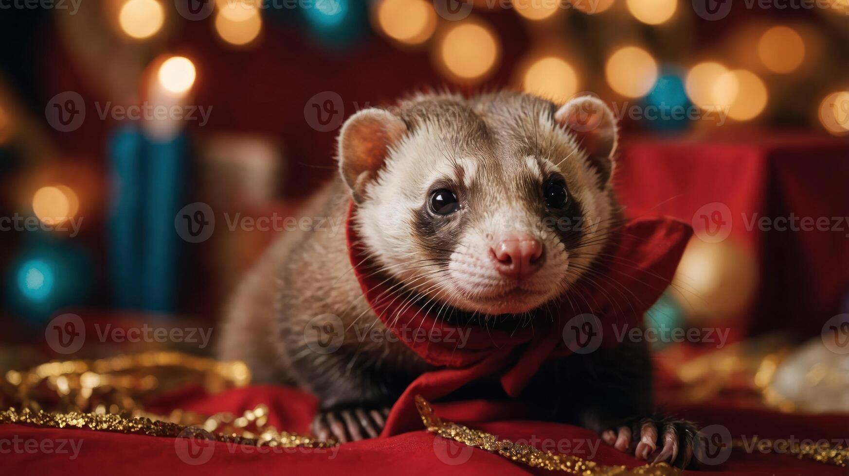A ferret wearing a red bowtie surrounded by festive decorations and lights. photo