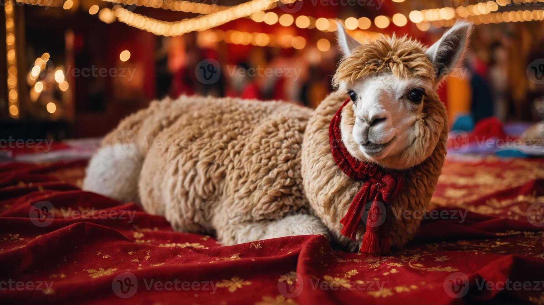 A cozy llama rests on a vibrant red blanket, surrounded by festive lights. photo
