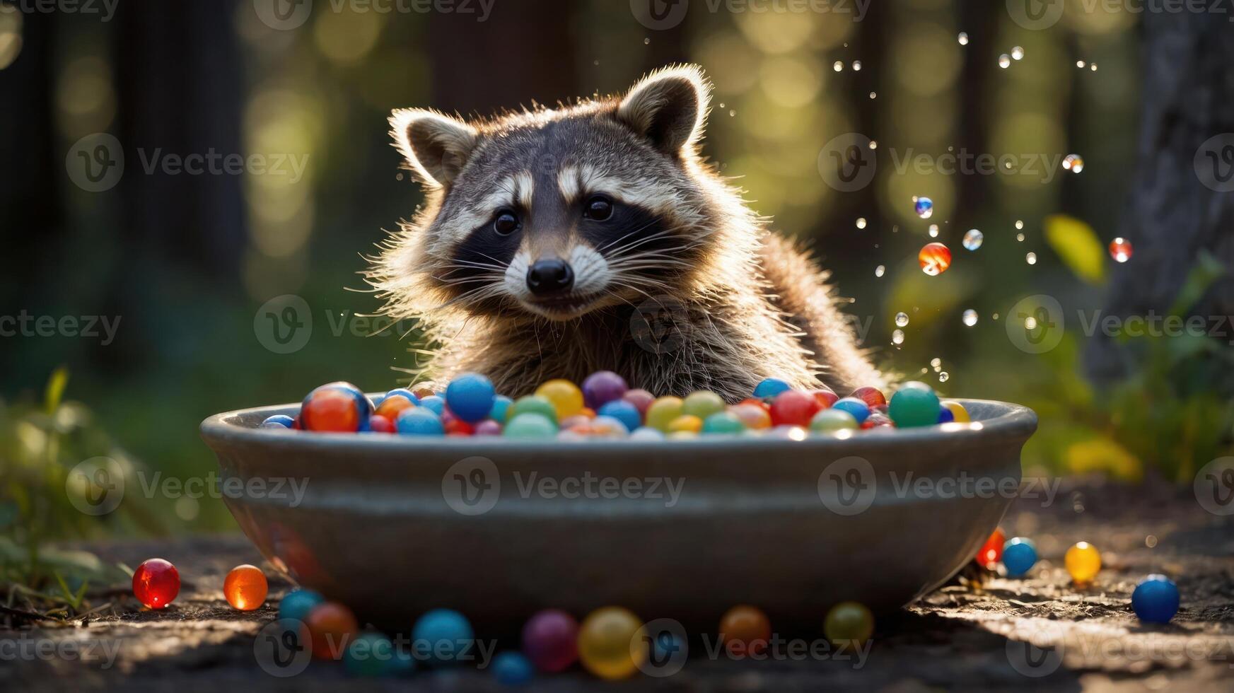 A raccoon sits in a bowl filled with colorful marbles, surrounded by a forest backdrop. photo