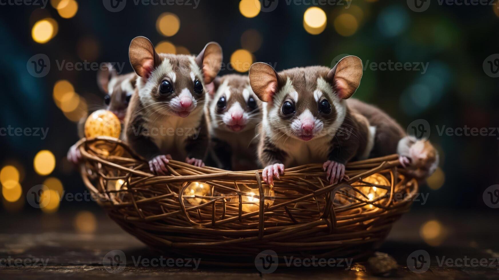 A group of adorable sugar gliders in a cozy nest with festive lights. photo