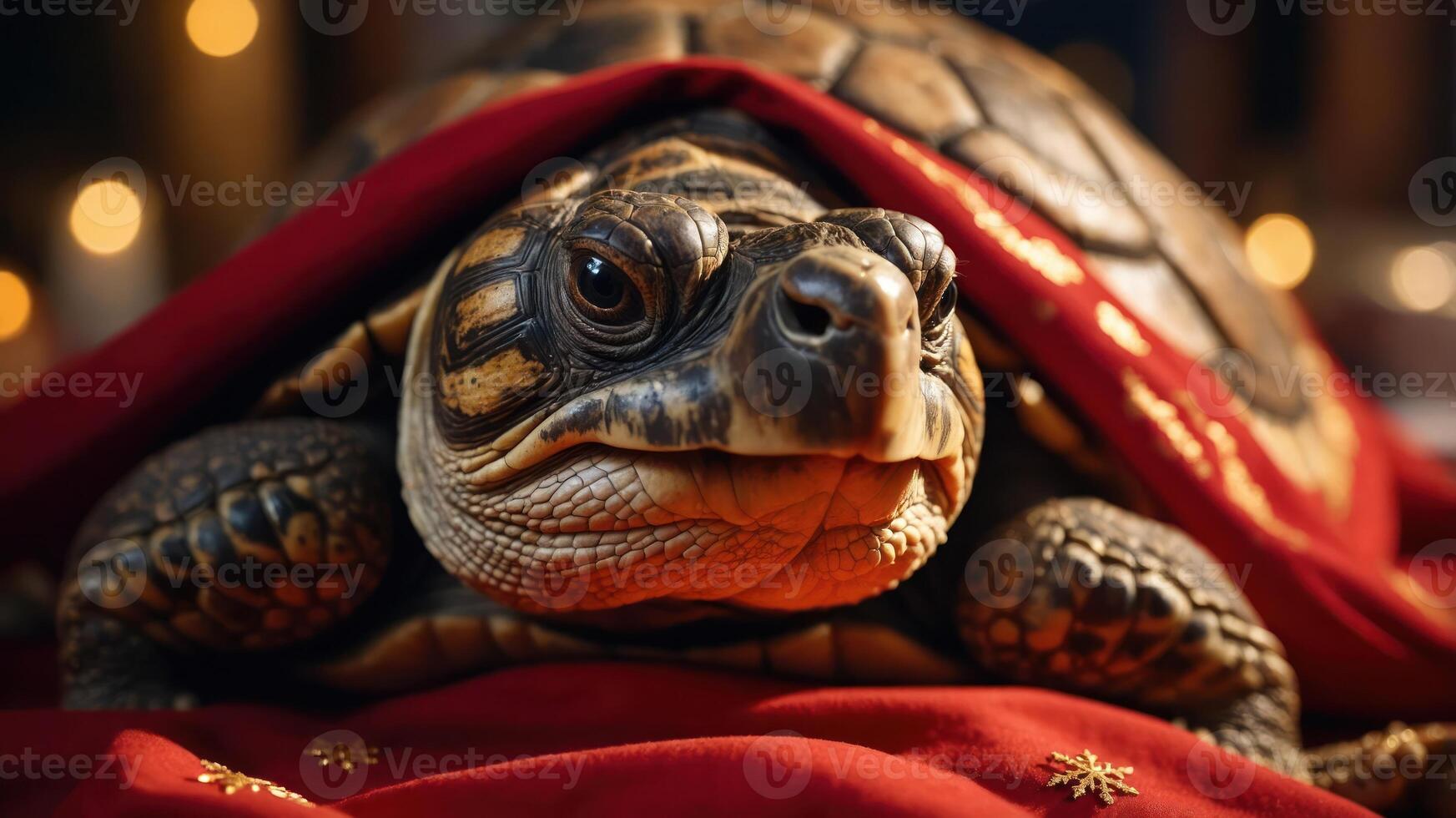 A close-up of a tortoise resting under a red cloth, creating a cozy atmosphere. photo