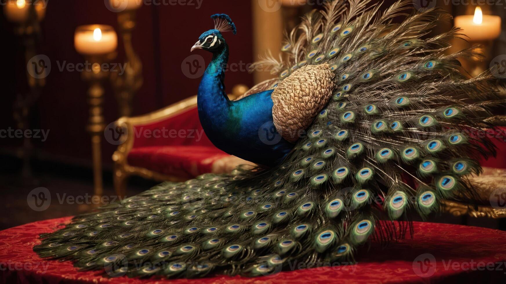 A peacock displaying its vibrant feathers in an elegant setting. photo