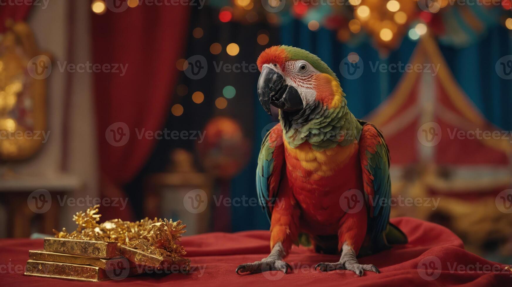 A colorful parrot sits on a table with decorative gifts in a festive setting. photo