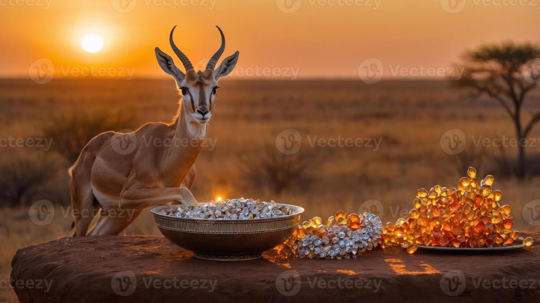 An antelope stands near bowls of colorful beads against a sunset landscape. photo