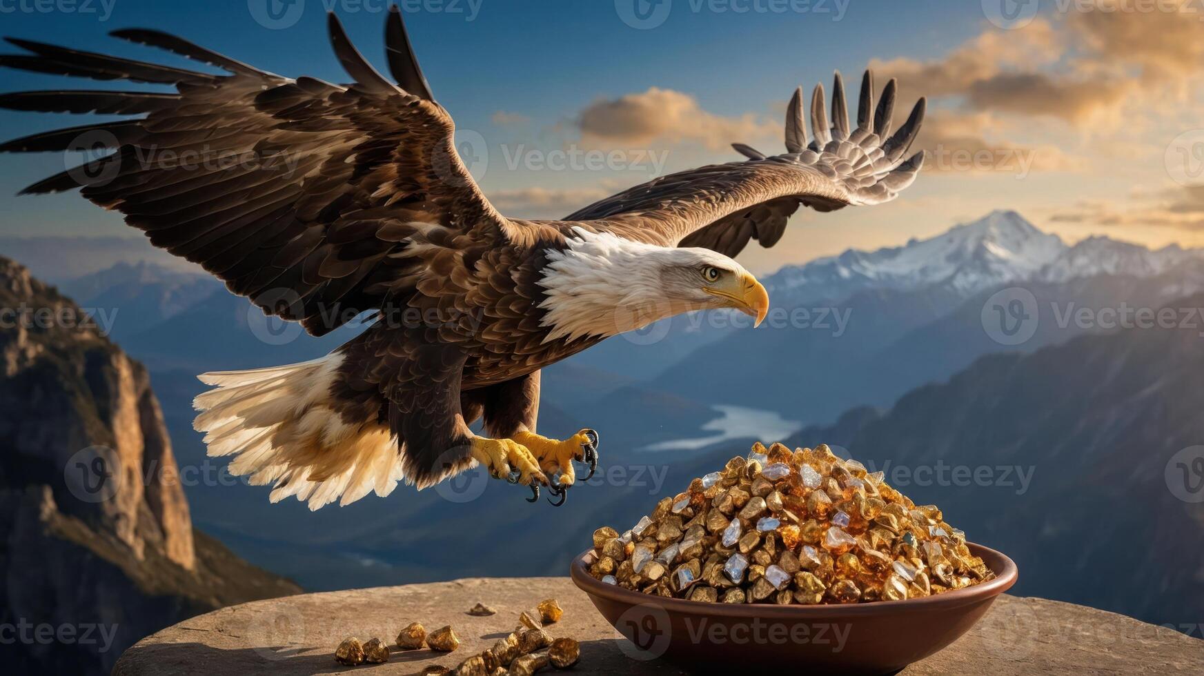 A majestic eagle swoops down towards a bowl of food against a stunning mountain backdrop. photo
