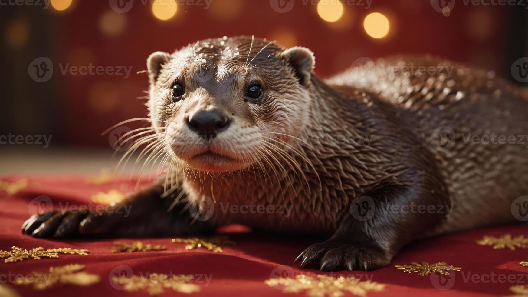 A close-up of a playful otter on a festive red surface with golden decorations. photo