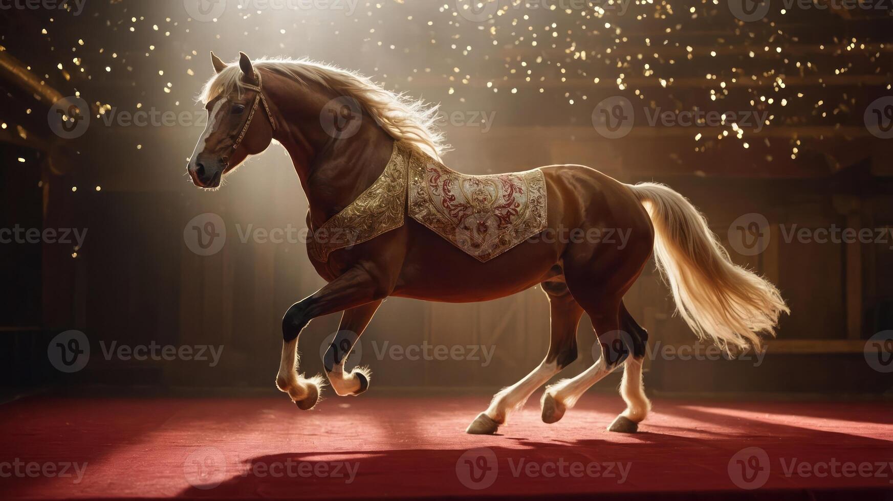 A majestic horse prancing on a red carpet under sparkling lights, showcasing elegance. photo