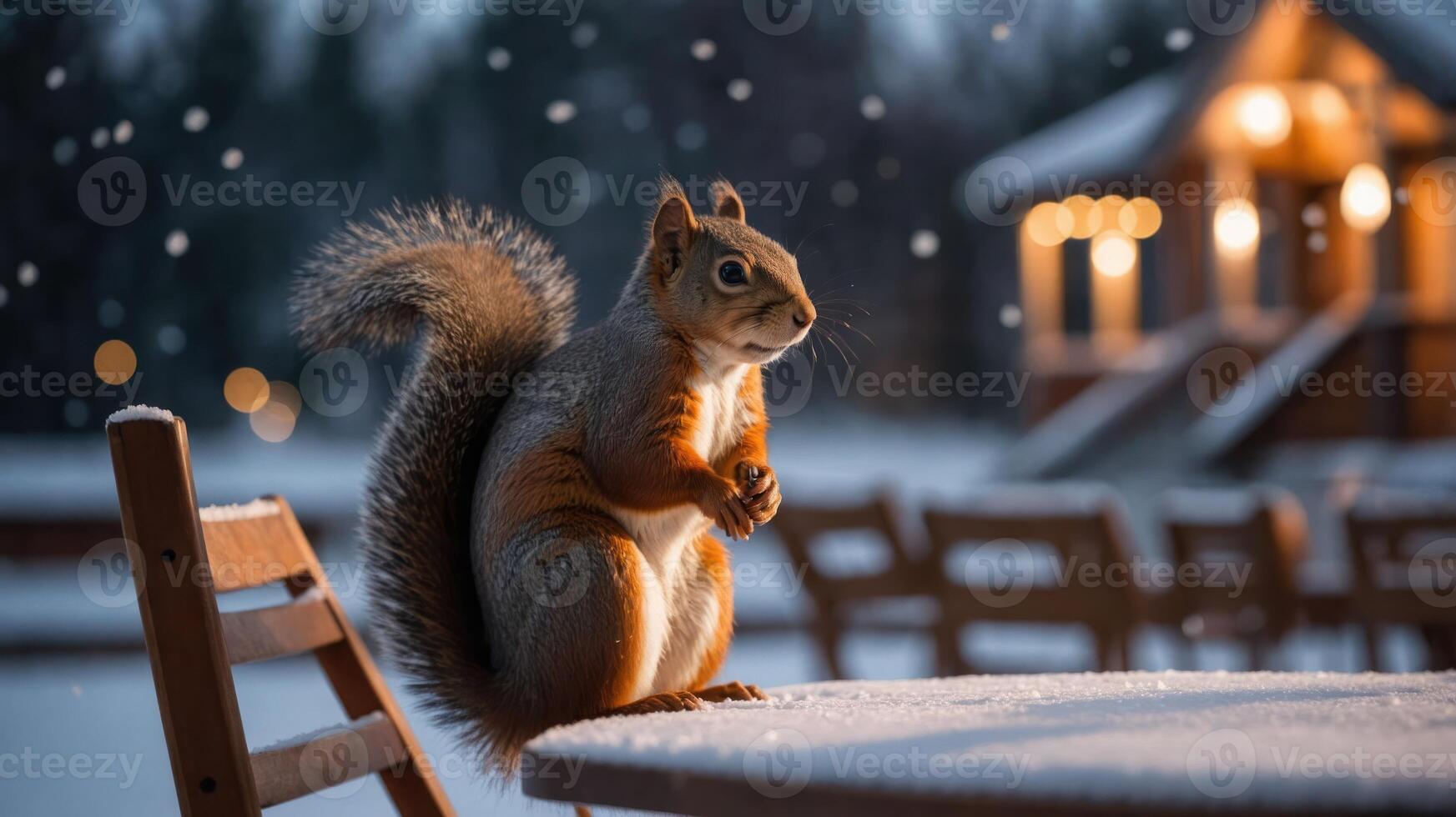 A squirrel perched on a snowy table, with a cozy cabin backdrop in a winter setting. photo