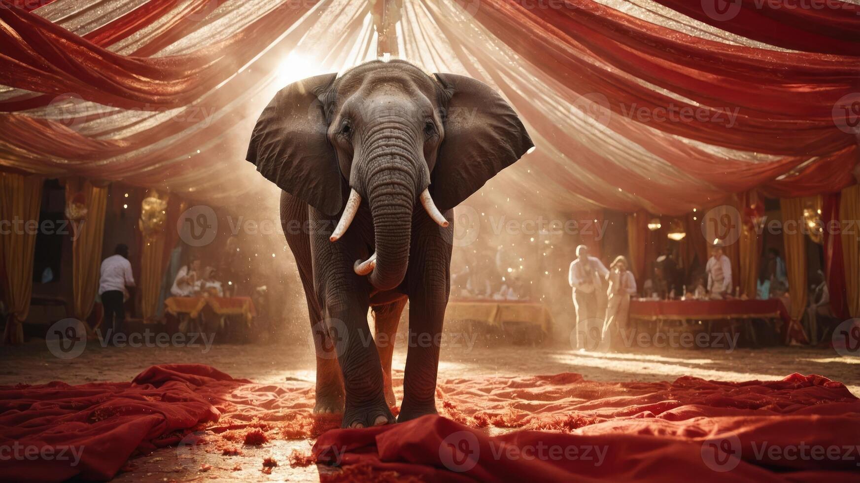 An elephant stands in a circus-like setting with vibrant drapes and tables in the background. photo