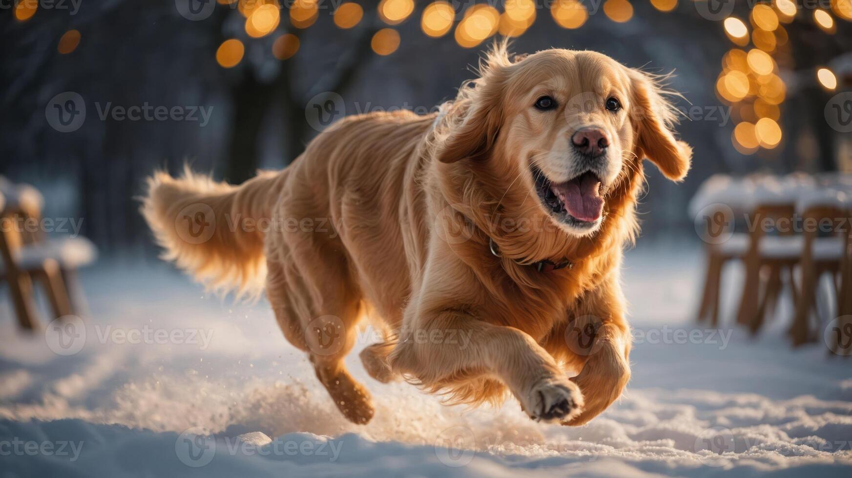 A joyful golden retriever running through snow with festive lights in the background. photo