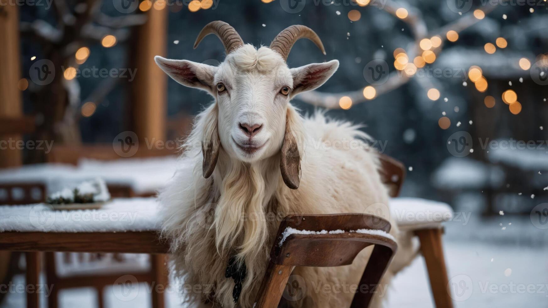 A goat sitting on a chair in a snowy outdoor setting with festive lights in the background. photo