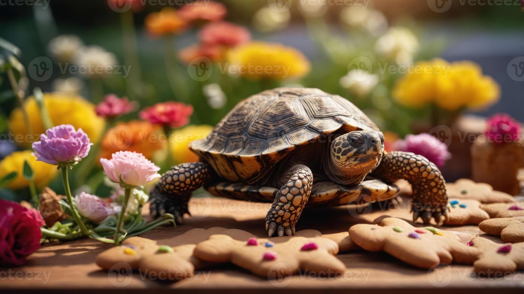 A turtle surrounded by colorful flowers and gingerbread cookies in a vibrant outdoor setting. photo