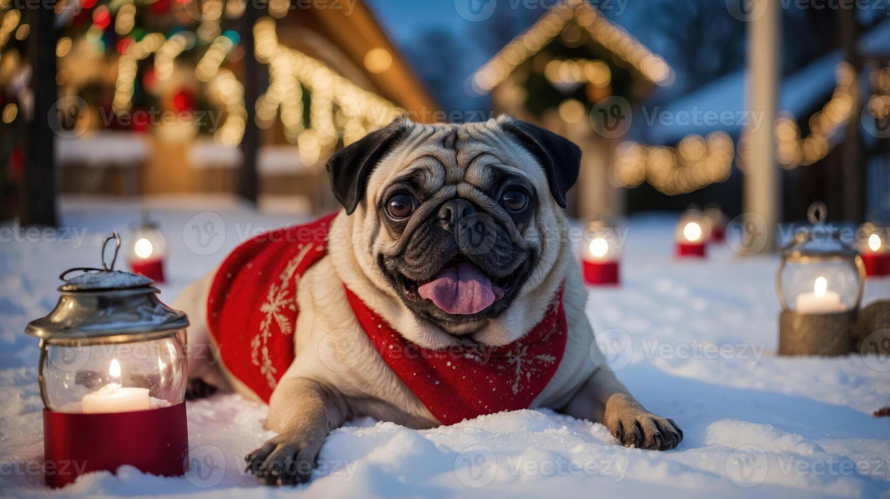 A cheerful pug in a red sweater lies in the snow, surrounded by lanterns and holiday decorations. photo