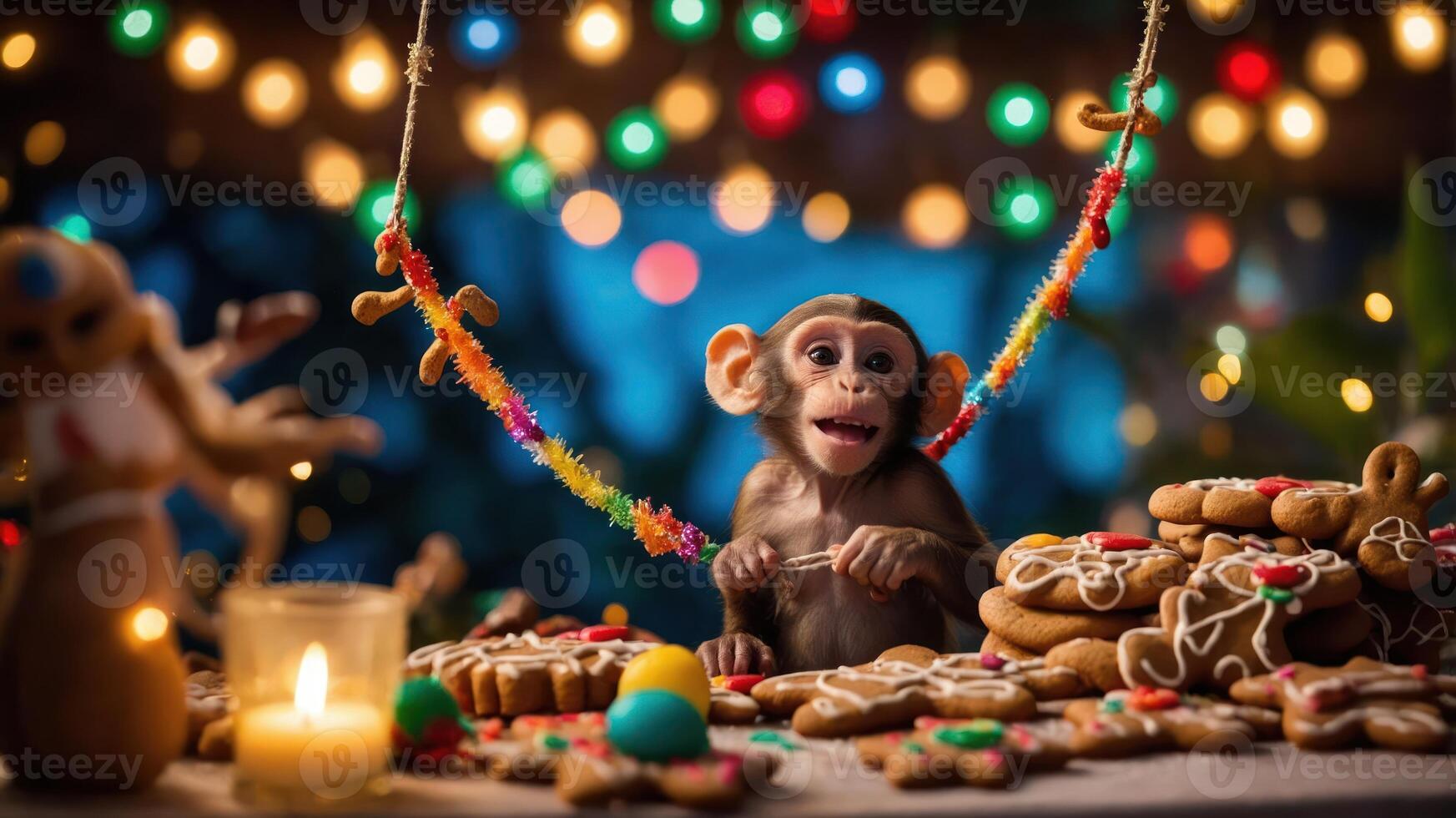 A playful monkey surrounded by festive gingerbread cookies and colorful decorations. photo