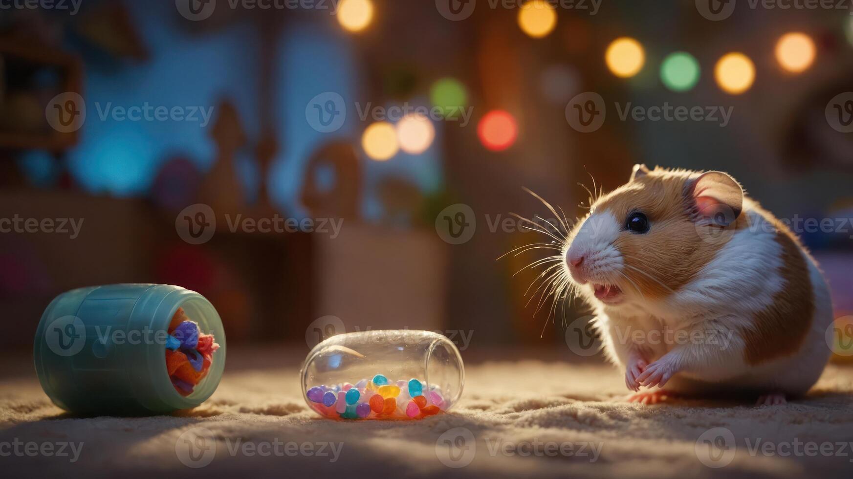 A cute hamster beside colorful beads, creating a playful and whimsical atmosphere. photo
