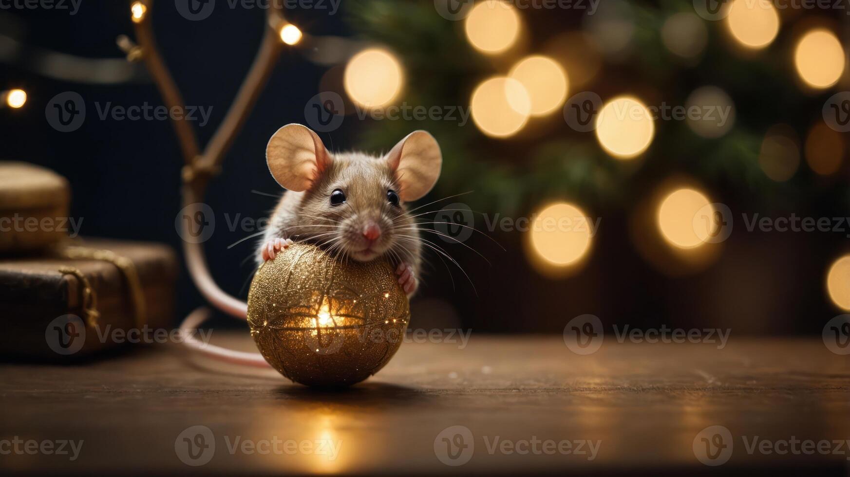 A cute mouse rests on a golden ornament, surrounded by festive lights. photo