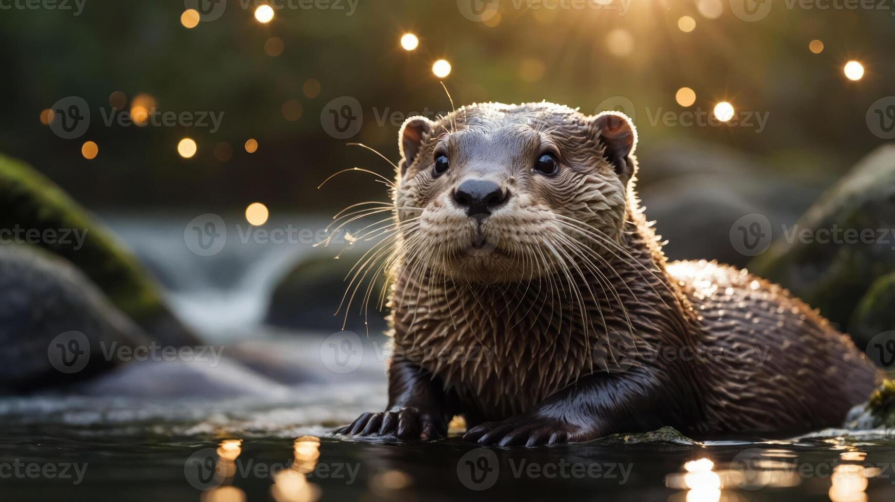 A playful otter emerges from water, glistening in sunlight with a serene natural backdrop. photo