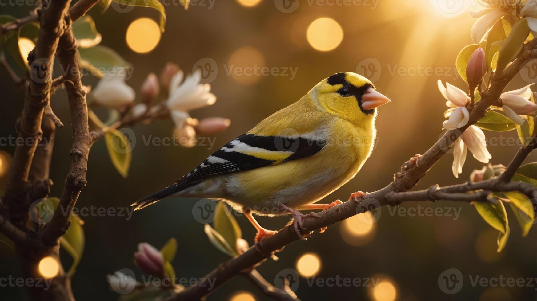 A vibrant yellow bird perched on a branch with blossoms, illuminated by soft sunlight. photo