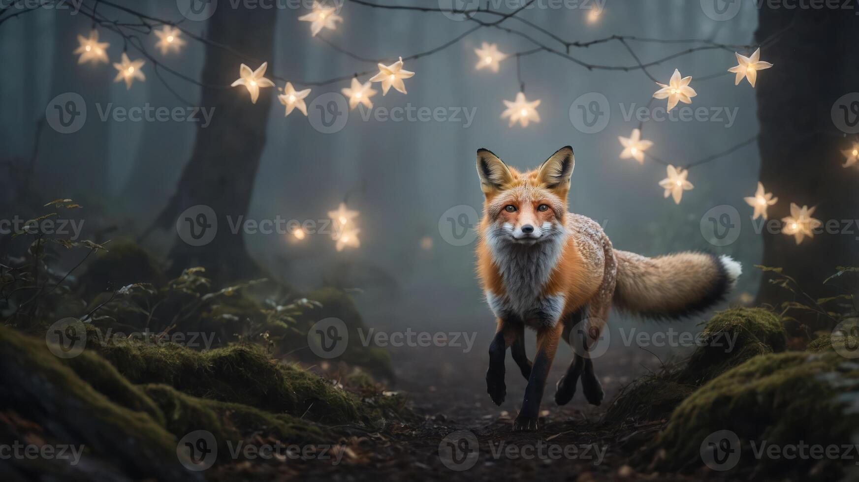 A fox running through a misty forest adorned with glowing star decorations. photo