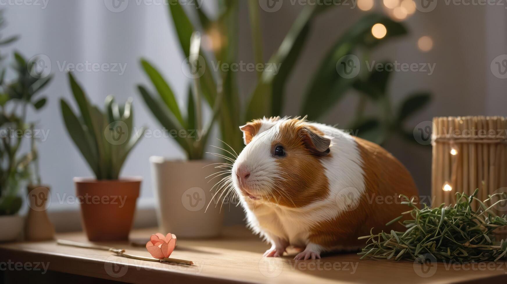 A guinea pig sits on a wooden table surrounded by plants and a small heart decoration. photo