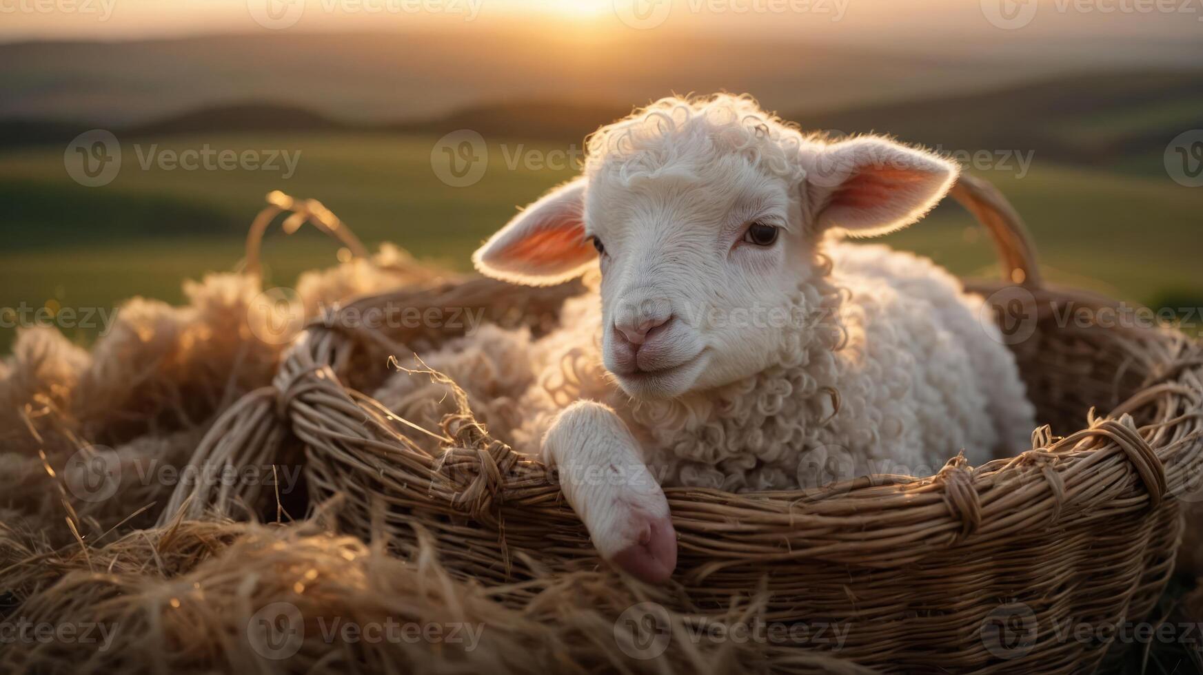 A cute lamb resting in a basket on a sunny hillside. photo