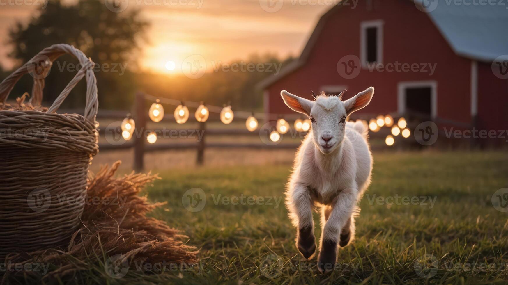 A playful goat runs in a field at sunset near a barn, surrounded by decorative lights. photo