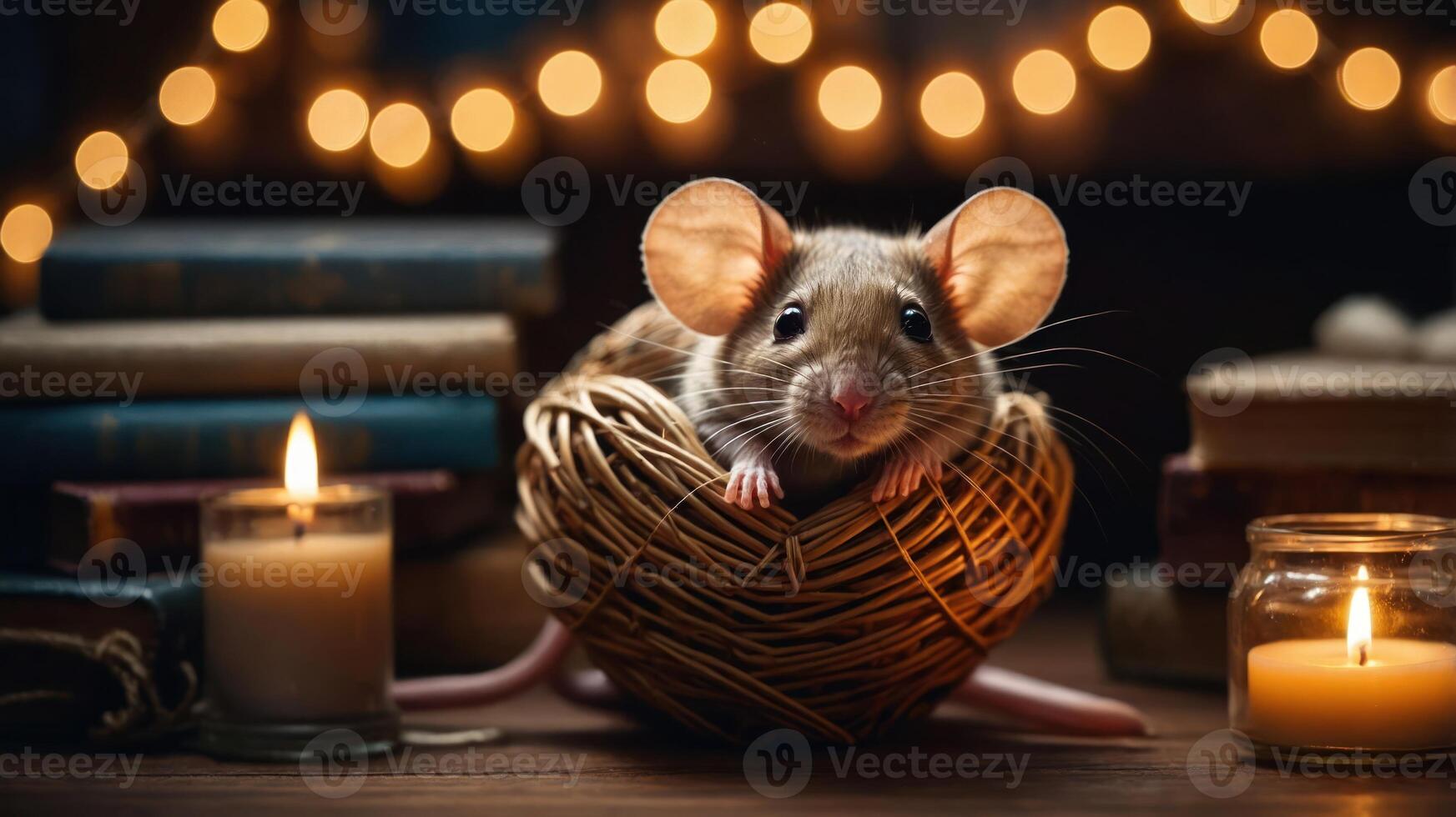 A cute mouse nestled in a woven basket with candles and books, creating a cozy atmosphere. photo