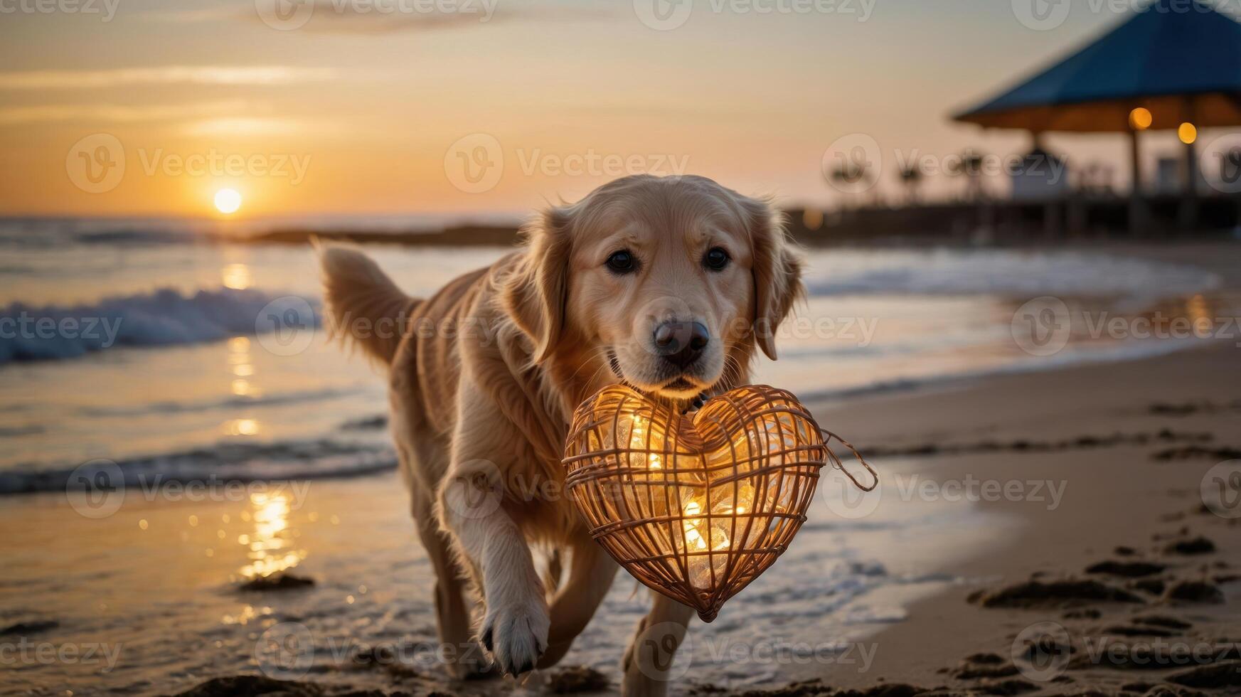 A golden retriever joyfully carries a heart-shaped lantern along a beach at sunset. photo