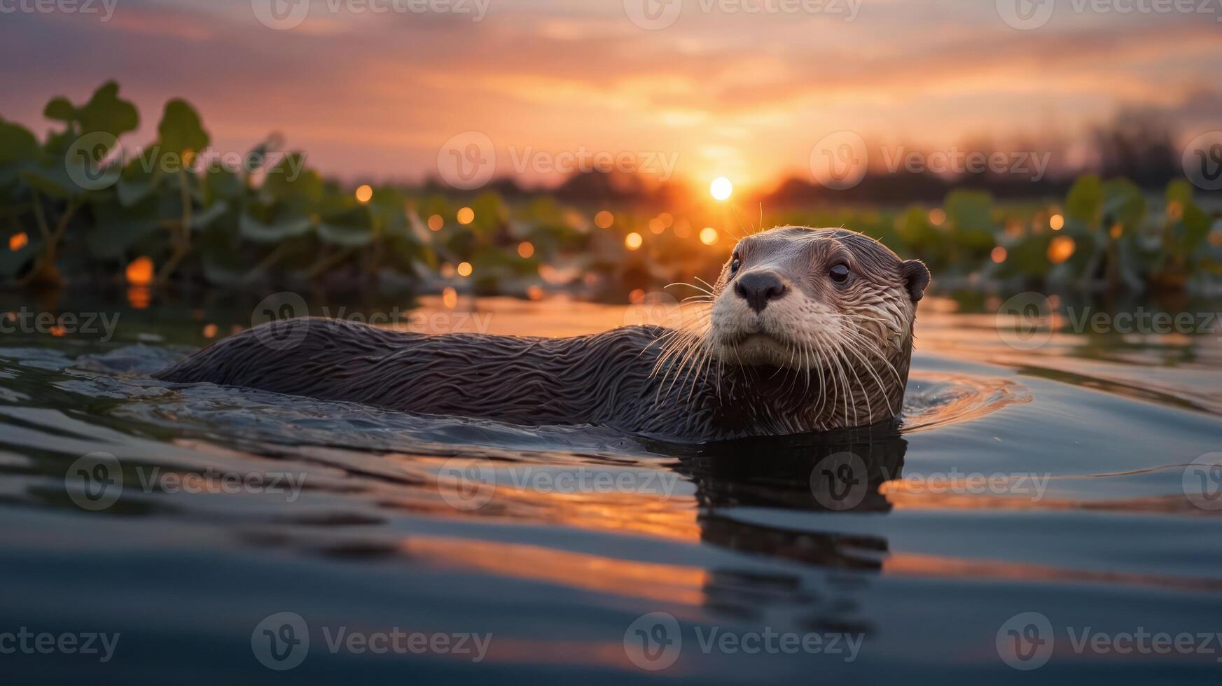 An otter swimming in a serene waterway during sunset, surrounded by lush vegetation. photo