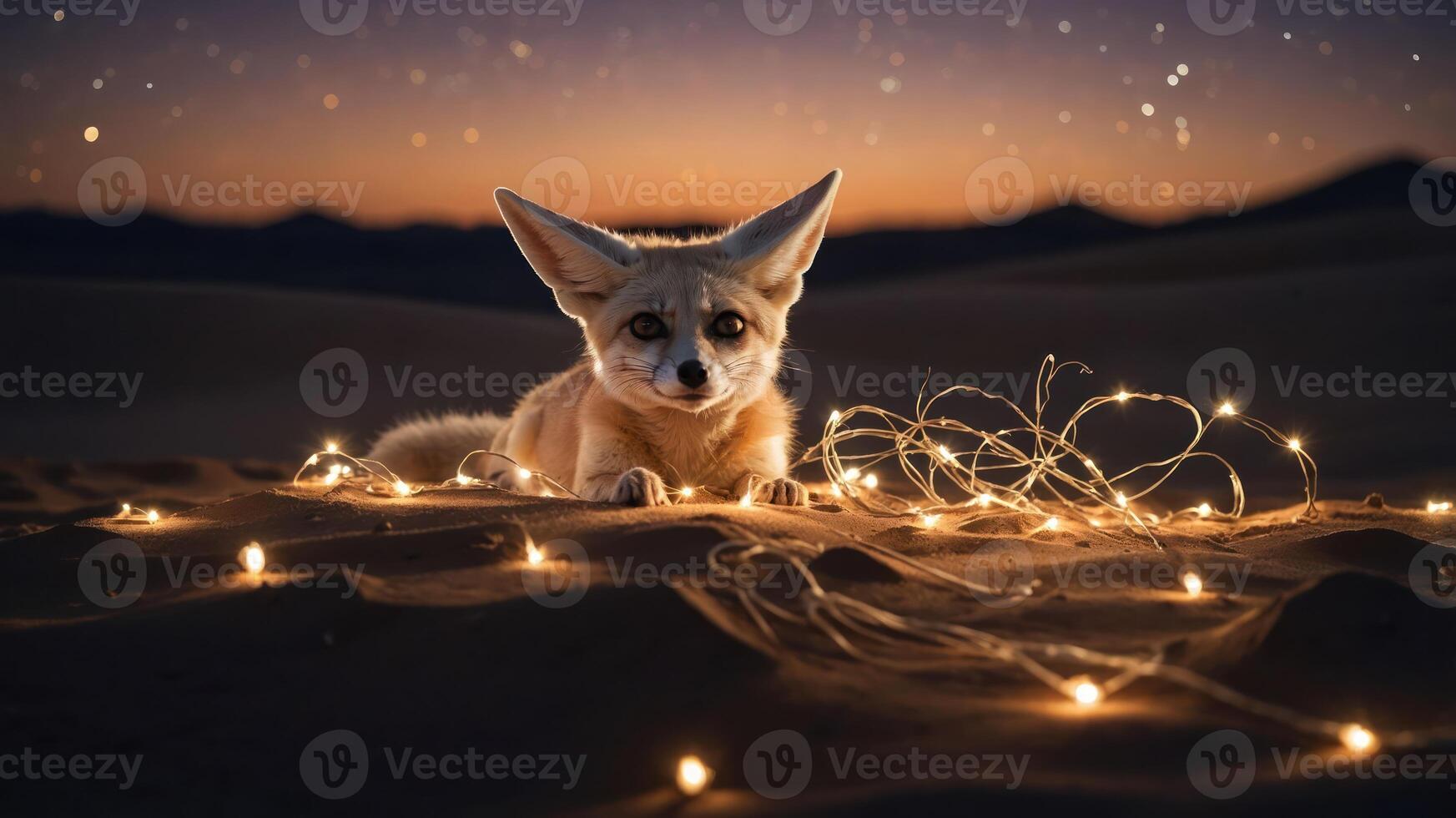 A fennec fox surrounded by twinkling lights in a desert at dusk. photo
