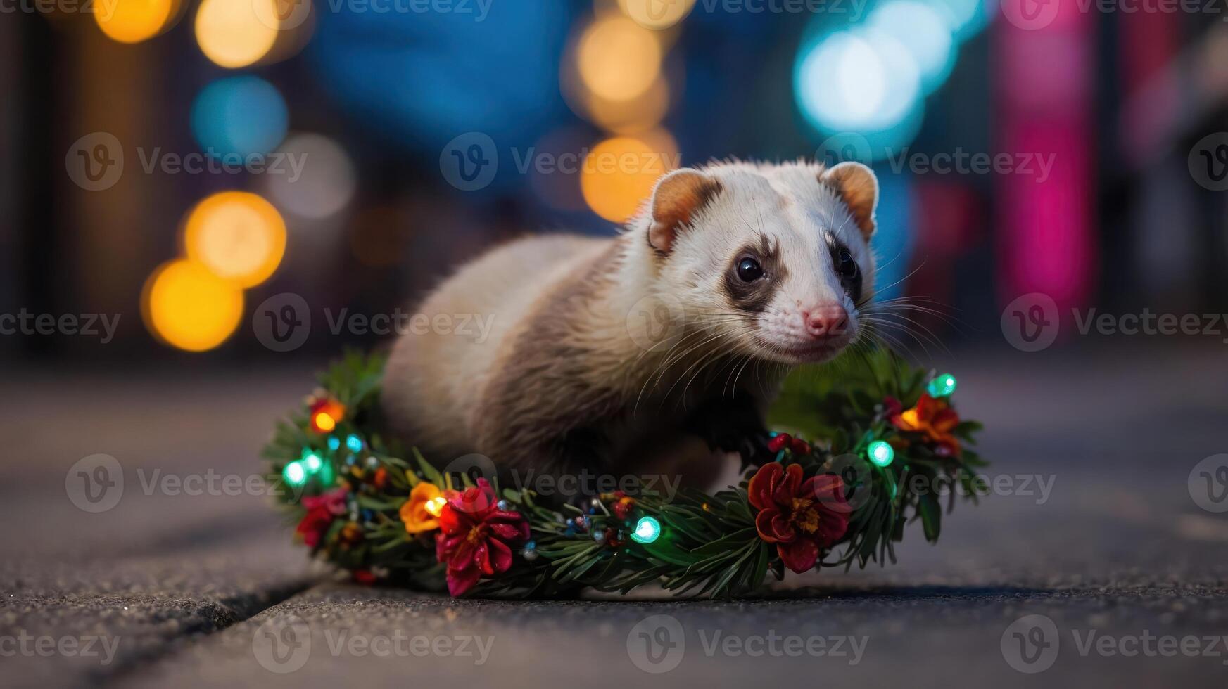 A ferret adorned with a festive wreath, surrounded by colorful lights. photo