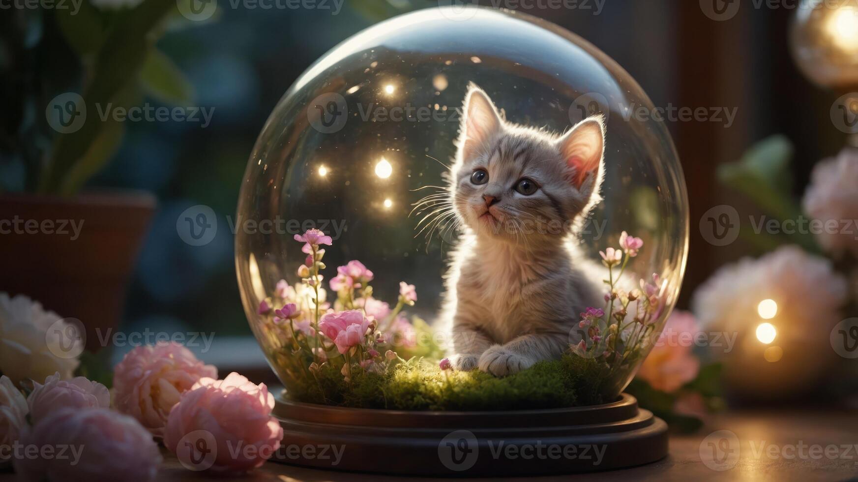 A cute kitten inside a glass dome surrounded by flowers, creating a whimsical atmosphere. photo