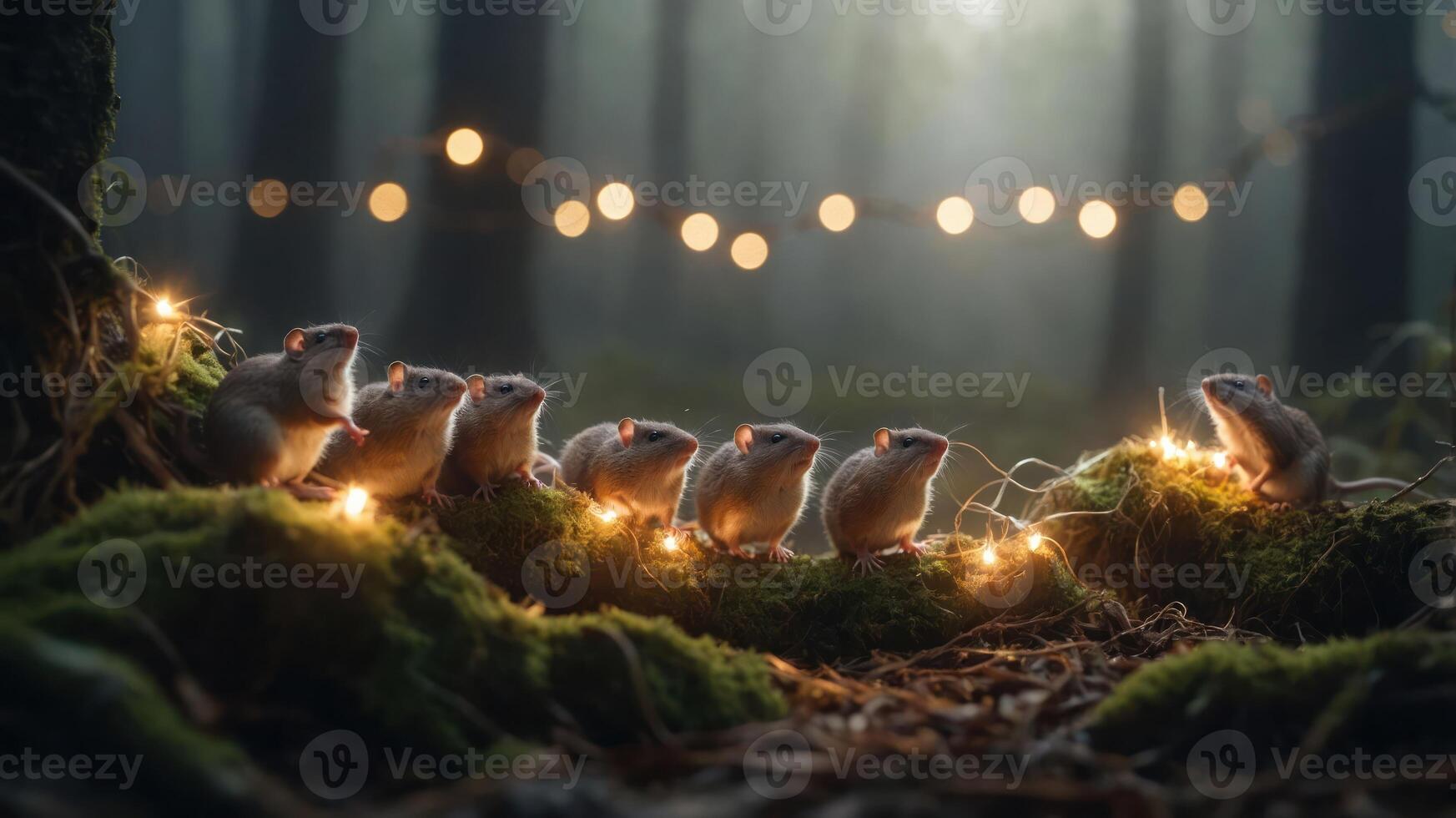 A whimsical scene of small creatures illuminated by lights in a forest setting. photo