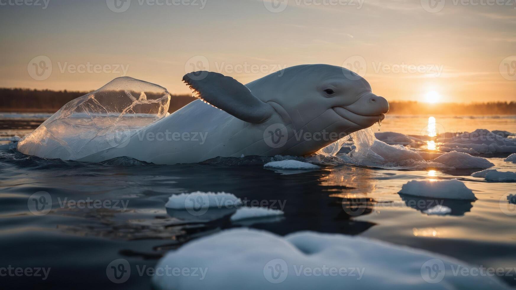 A beluga whale surfaces through ice at sunset, showcasing its playful nature in a serene environment. photo