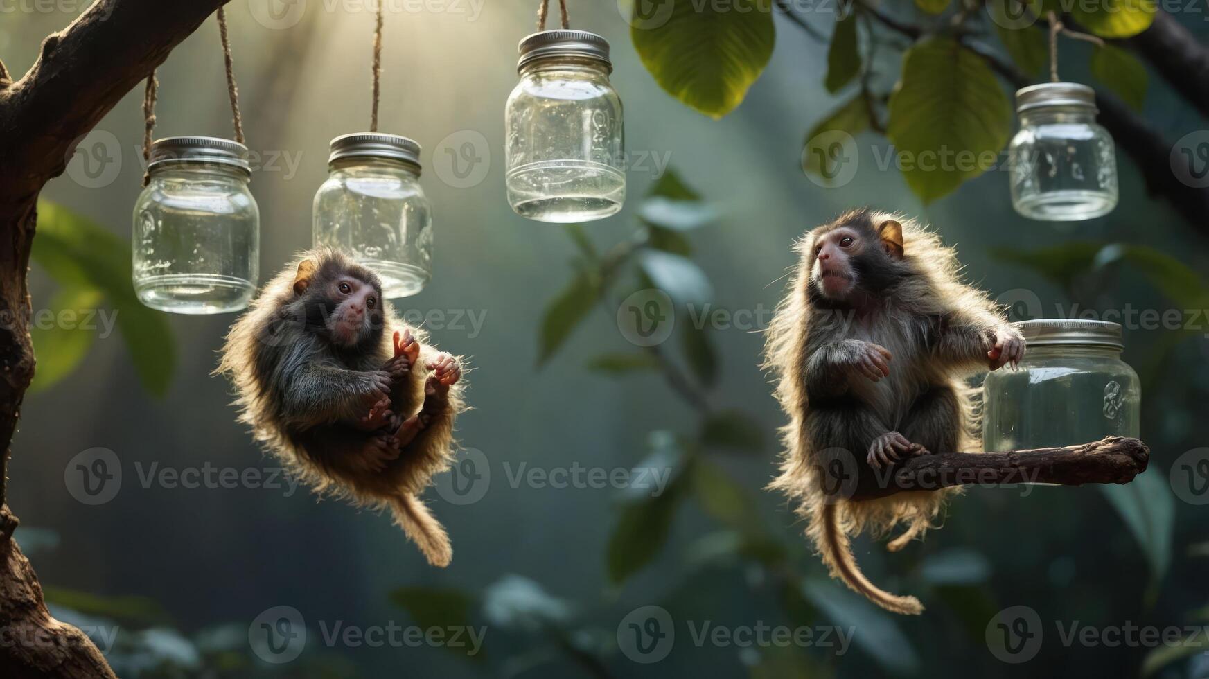 Two monkeys sitting on branches near jars in a sunlit forest. photo