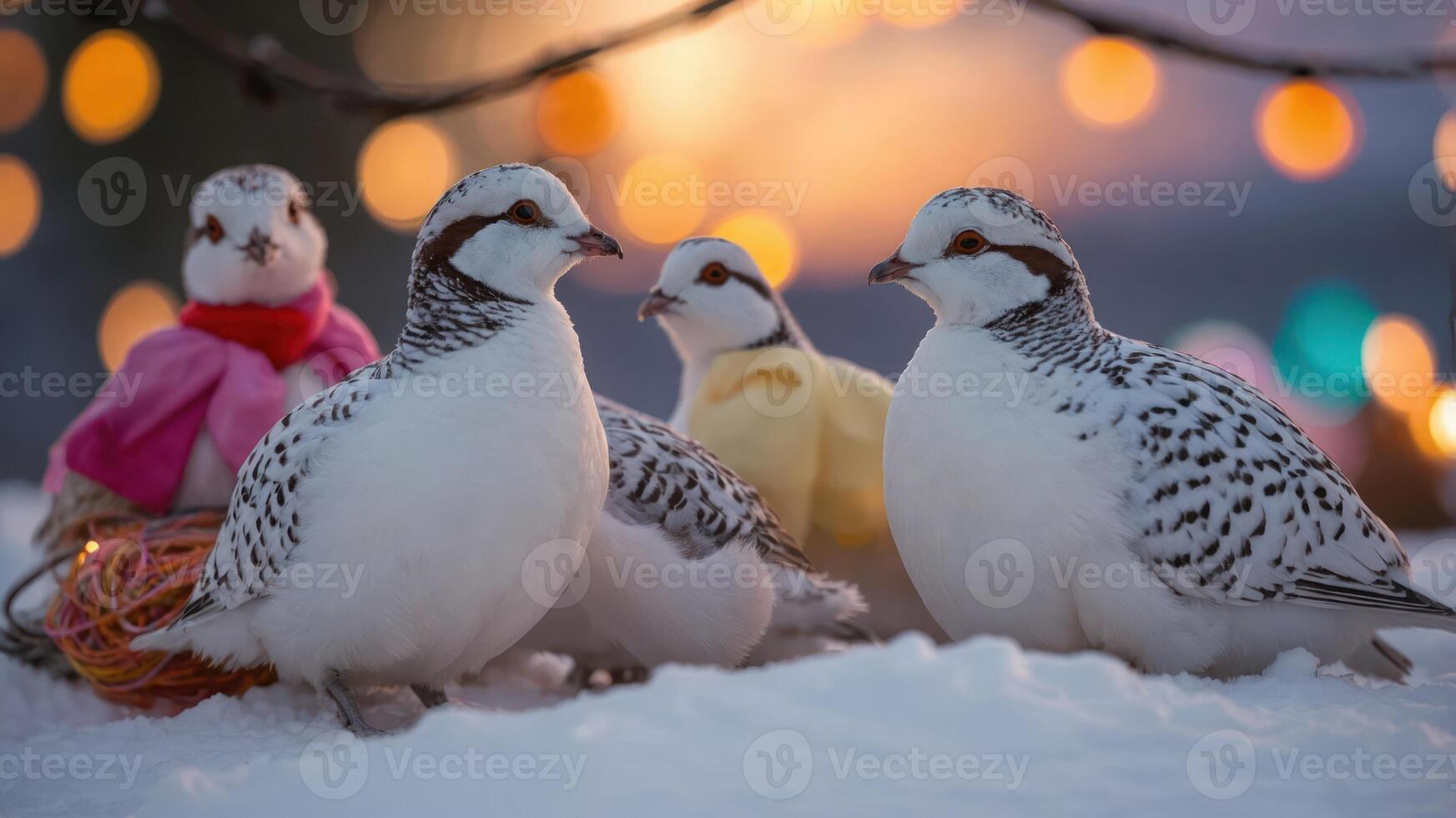 A group of birds in winter attire surrounded by festive lights in a snowy landscape. photo