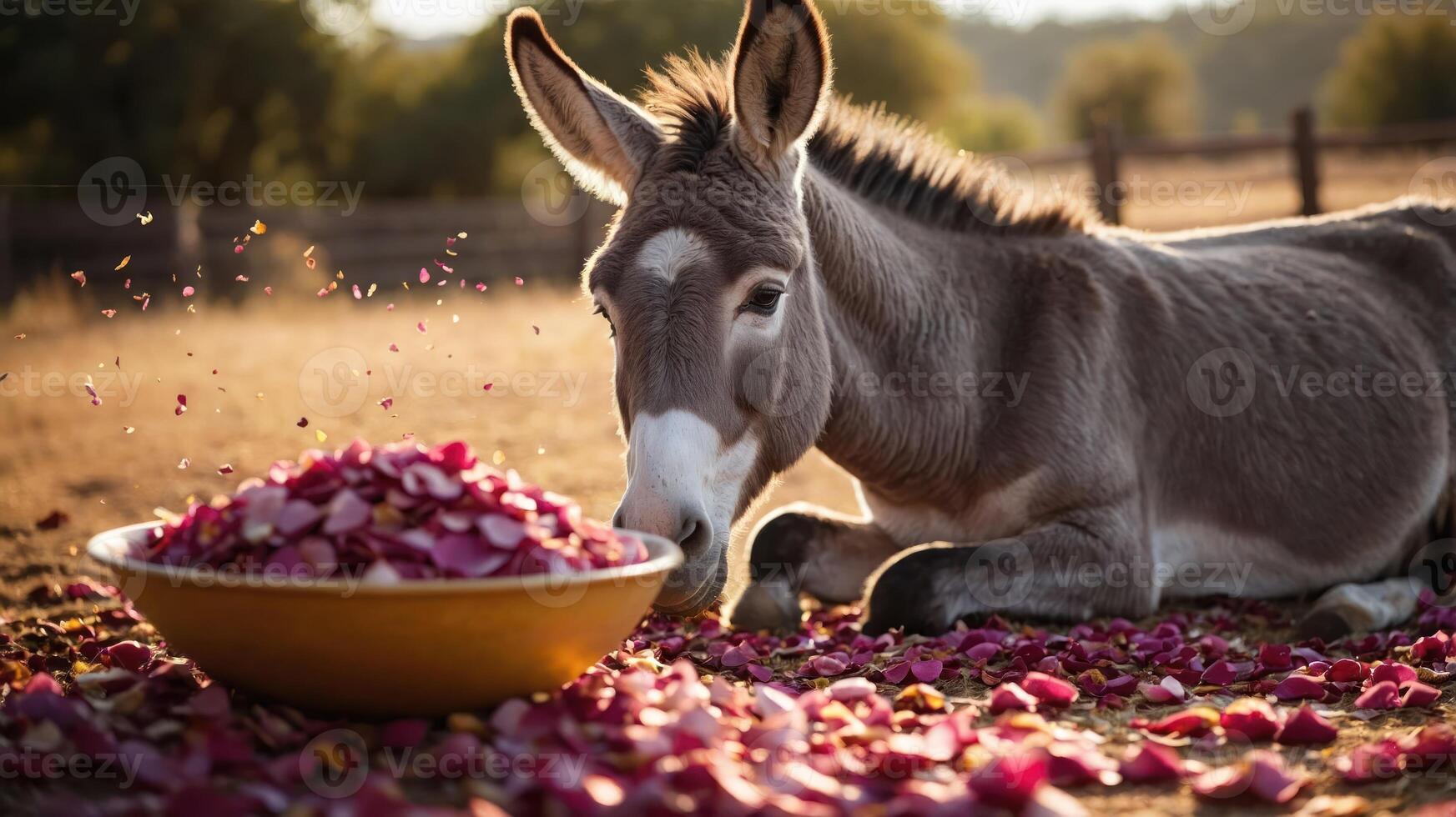 A donkey rests beside a bowl filled with colorful flower petals in a serene outdoor setting. photo